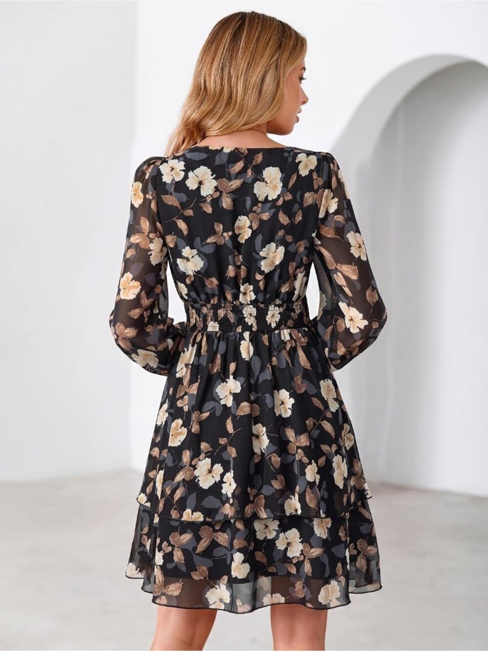〽️Black Yellow Floral Chiffon Dress Women’s Long Sleeve V Neck Empire Waist - Picture 5 of 7
